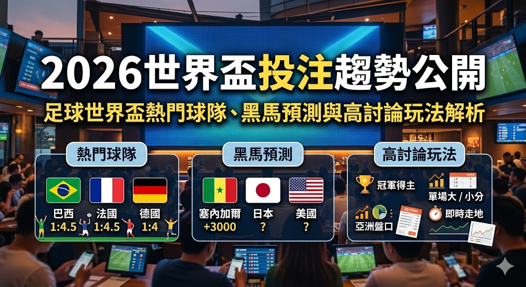 2026世界盃投注趨勢隆重公開！本文為您深度解析足球世界盃熱門球隊、黑馬預測與高討論度的全新運彩玩法。小編將帶您拆解美加墨世界盃首度擴軍至48隊後的盤口新變局，教您如何看懂讓球盤、大小球與獨贏等經典玩法的即時賠率起伏，精準抓出莊家升降盤背後的熱度誘水陷阱。透過系統化的熱門強權數據、潛力黑馬陣容實力與主客場戰意分析，傳授高勝率的實戰下注策略與資金控管心法。幫助您在數位博弈時代徹底識破黑網娛樂城的虛假報牌殺豬盤，建立理性科學的足球運彩思維。
